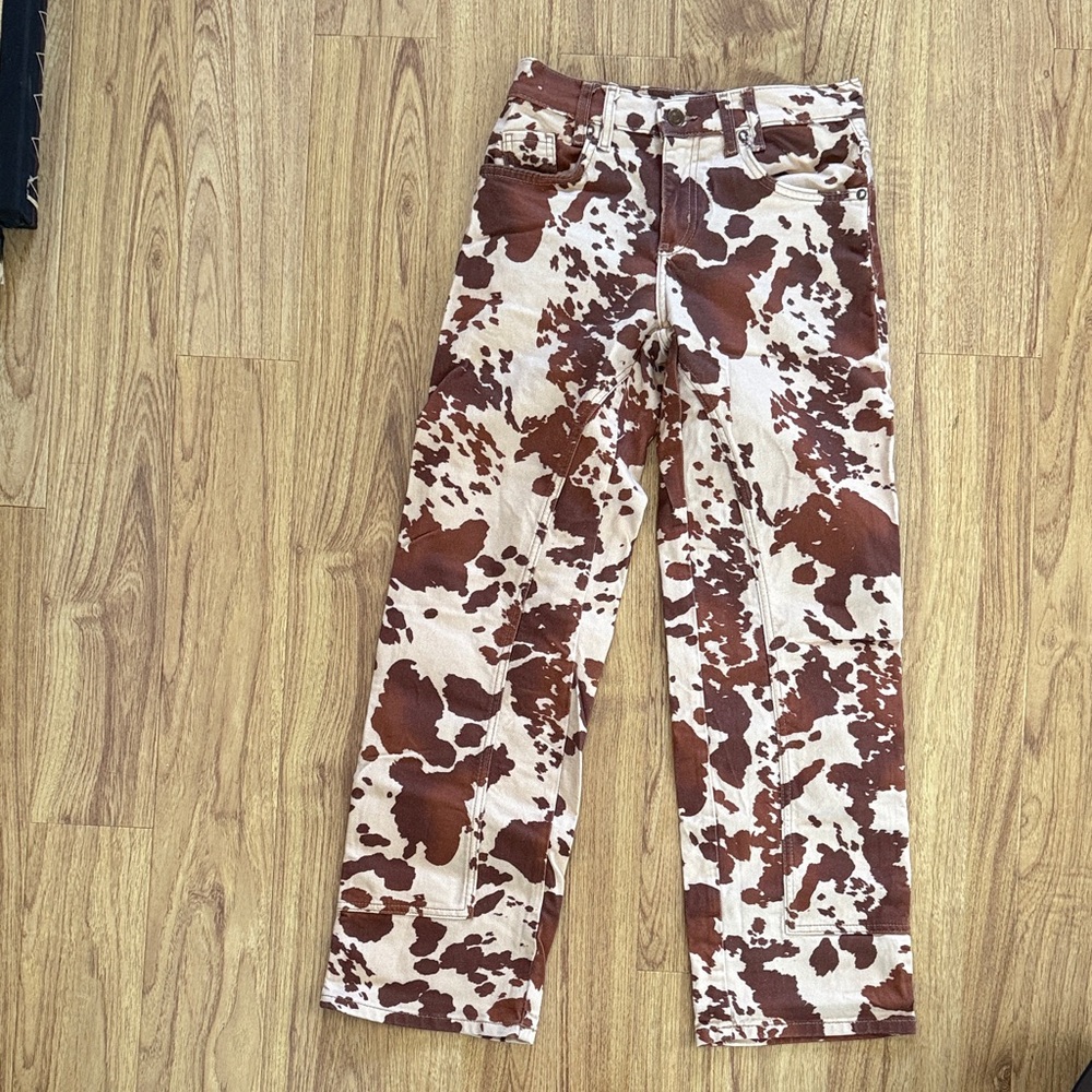 Free People Brown and Cream Cow Print Straight Leg Pants